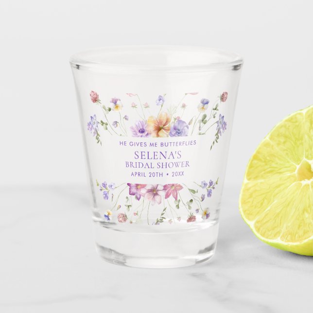 Verre A Shot Lui me donne des papillons violets Baby Shower (Devant)