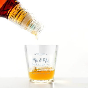 Verre A Shot M. & Mme Mariage Nom Date Monogrammed Dusty Blue
