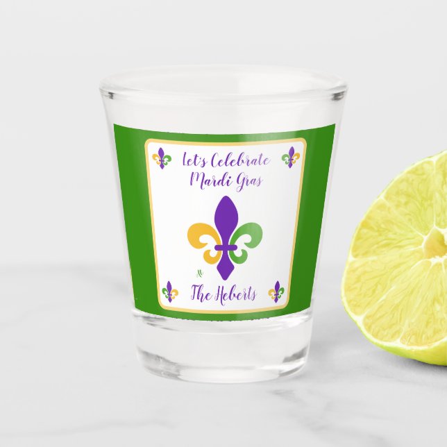 Verre A Shot Mardi Gras NOM Vert Or Violet Fleur de Lis (Devant)