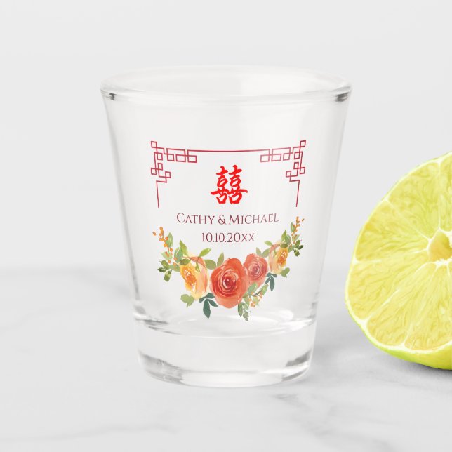 Verre A Shot Mariage à cadre chinois de fleurs jaunes orange (Devant)