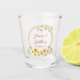 Verre A Shot Mariage chinois cadre jaune oiseau fleuri élégant