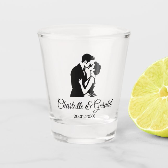 Verre A Shot Mariage Faveurs Couple Kiss Monogramme Moderne Sim (Devant)