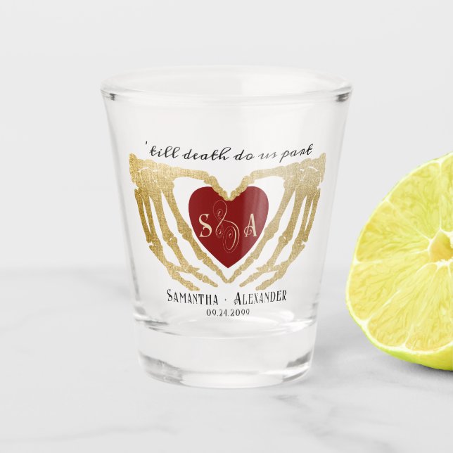 Verre A Shot Mariage gothique noir Squelette aux mains jointes  (Devant)