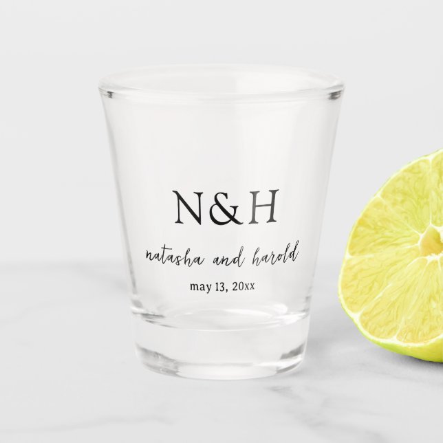 Verre A Shot Mariage Moderne Noir et Blanc Monogramme Gras (Devant)