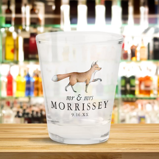 Verre A Shot Mariage Renard de la Forêt à l'Aquarelle Monsieur  (Watercolor Woodland Fox Mr and Mrs Wedding Shot Glass)