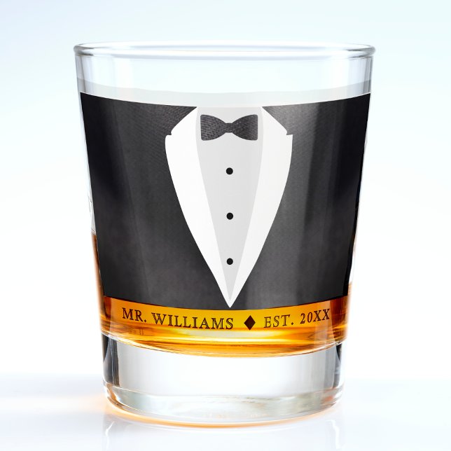 Verre A Shot Marié en costume noir et noeud papillon Monsieur (Black Suit & Bowtie Husband Groom Mr Shot Glass
)