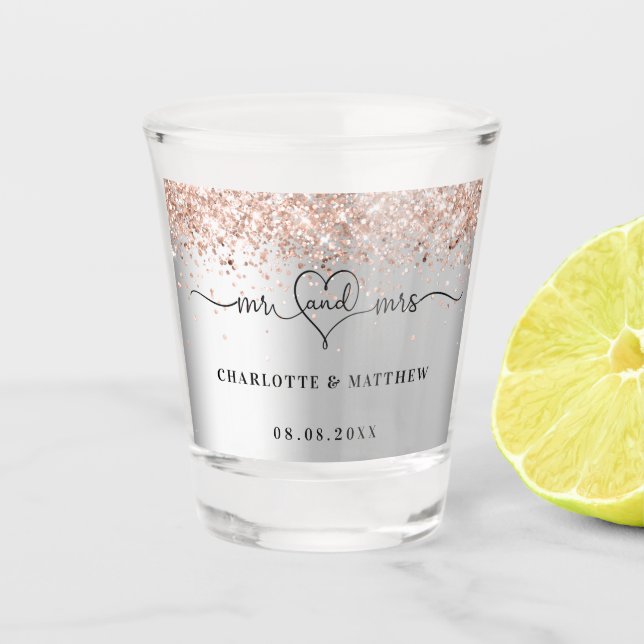 Verre A Shot Mariés monsieur madame rose argent doré mariage (Devant)