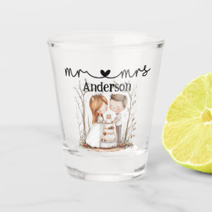 Verre A Shot Mignonne M. et Mme Bride et Groom avec gâteau