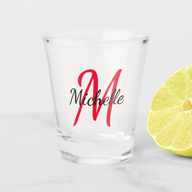 Verre A Shot Mignonne moderne rouge Nom Monogramme + Initiale (Devant)
