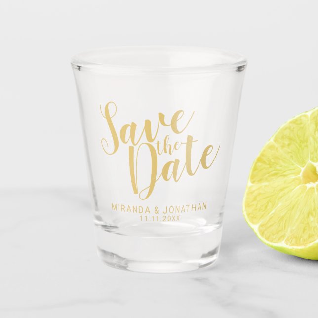 Verre A Shot Modern Script Gold Wedding Enregistrer la date (Devant)