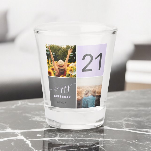 Verre A Shot Moderne 21 Ans violet 2 grille photo collage (Modern 21 birthday purple 2 photo collage grid shot glass)