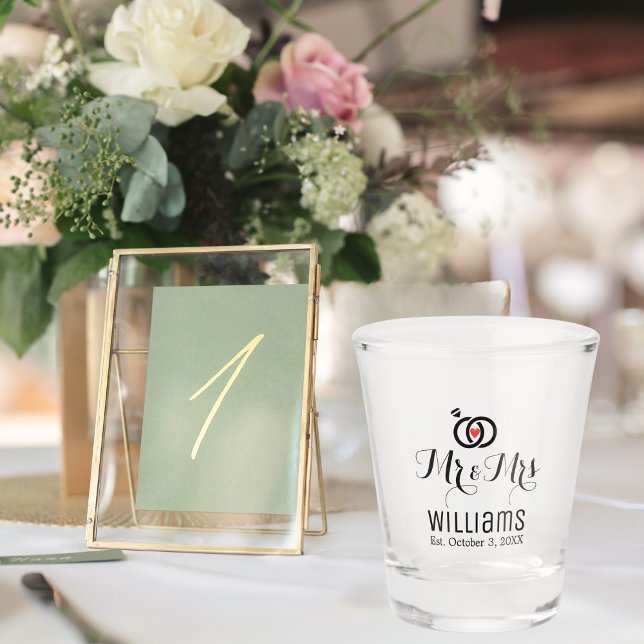 Verre A Shot Moderne conception de M. Mme Nom Date et anneaux,  (Créateur téléchargé)