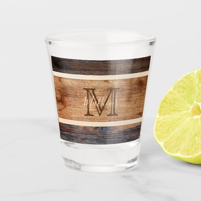 Verre A Shot Monogramme à rayures de ton de bois rustique (Devant)