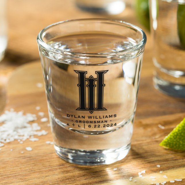Verre A Shot Monogramme de mariage de garçon d'honneur minimali (Créateur téléchargé)