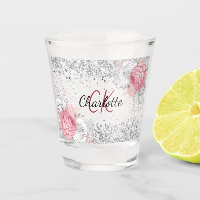 Verre A Shot Monogramme de nom floral rose argenté élégant (Devant)