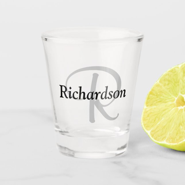 Verre A Shot Monogramme élégant noir gris argent Nom (Devant)