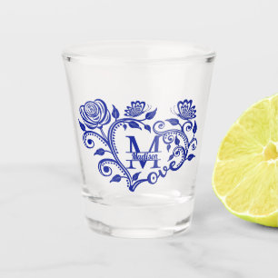 Verre A Shot Monogramme floral bleu marine personnalisé M