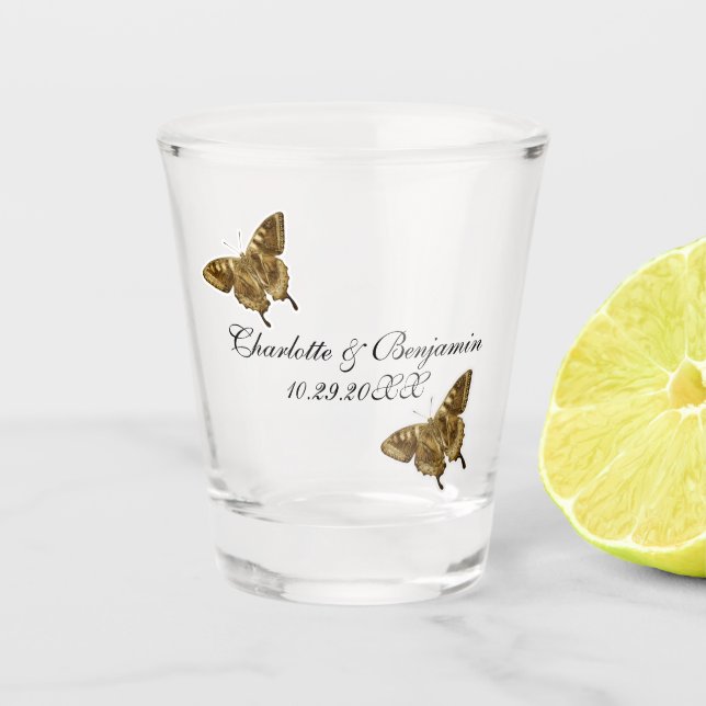 Verre A Shot Monogramme Gold Butterfly Wedding Favors (Devant)