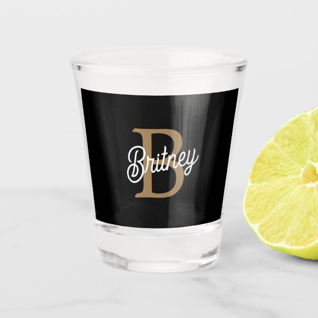 Verre A Shot Monogramme moderne élégant Nom Black Gold Script (Devant)