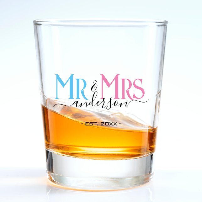 Verre A Shot Mr & Mrs NewlyWedding Favor (pink and blue mr and mrs wedding shot glass)