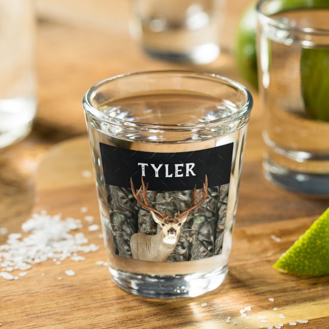 Verre A Shot Mule Deer Camo Nom Cool Chasse Buck Antlers (Hunting Deer Personalized Camo Groomsman gift Shot Glass)