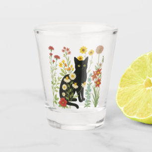 Verre A Shot Nature botanique – Chat noir dans un jardin de fle