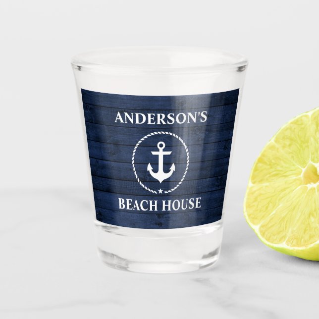 Verre A Shot Nautical Anchor Beach House Nom Blue Wood (Devant)