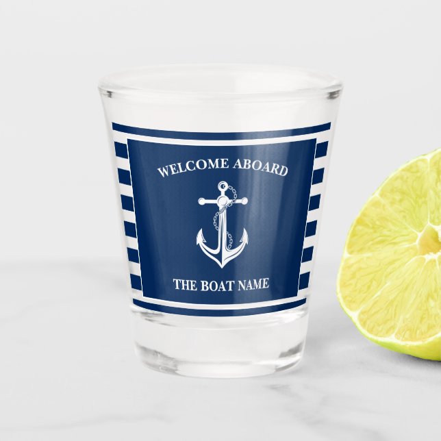 Verre A Shot Nautical Navy Blue Welcome Aboard Nom du bateau An (Devant)
