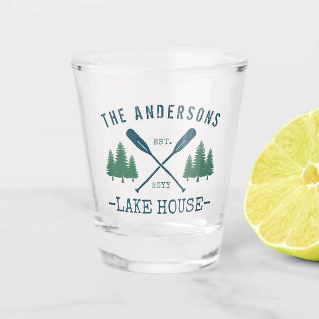 Verre A Shot Nom de famille Lake House Oars rustiques Pine Tree (Devant)