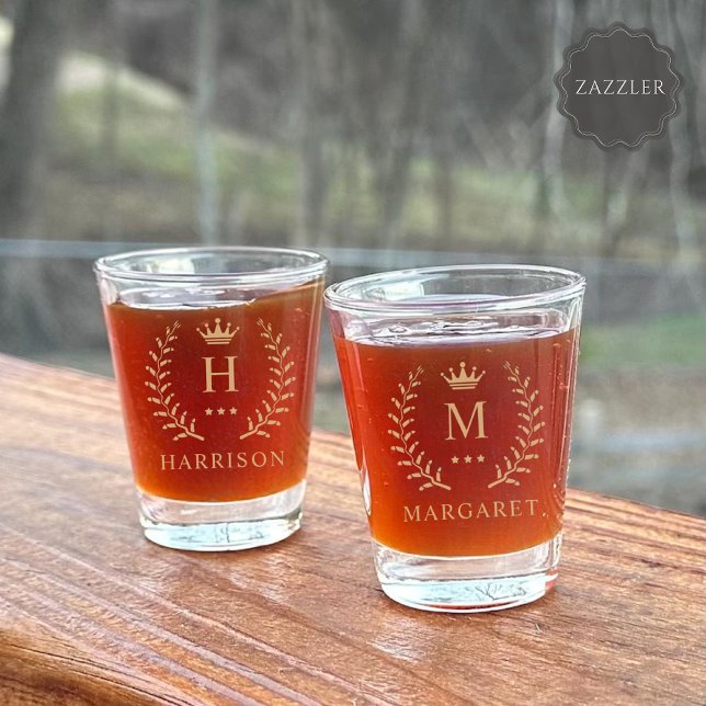 Verre A Shot Nom de la Personnaliser et premier monogramme noir (Customize Name & Initial Black White Gold Monogram Shot Glass)