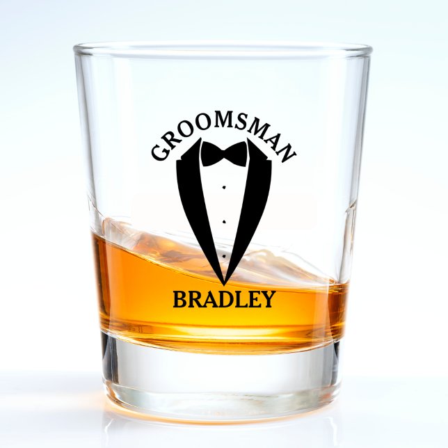 Verre A Shot Nom du Garçon d'Honneur Mariage Enterrement de Vie (groomsman shot glass, black suit bowtie)