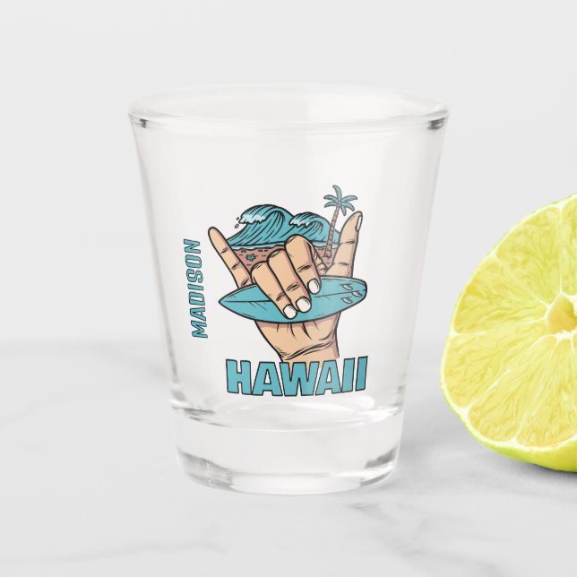 Verre A Shot Nom et emplacement personnalisés Surf Shaka (Devant)