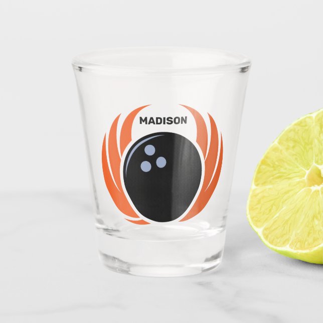 Verre A Shot Nom personnalisé Boule de Bowling avec flamme (Devant)
