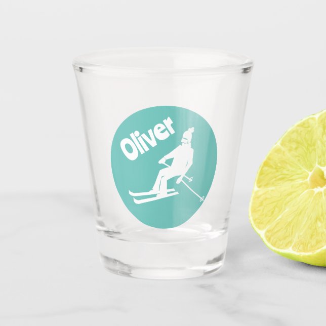 Verre A Shot Nom personnalisé Ski rétros Skier hiver Turquoise (Devant)