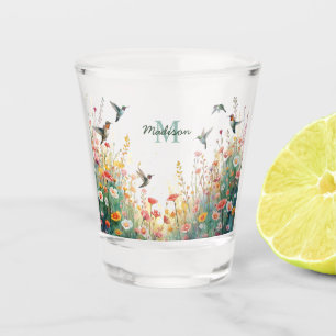 Verre A Shot Oiseaux aquarelle printemps monogramme floral Fleu