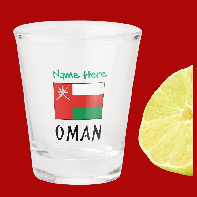 Verre A Shot Oman Drapeau Omanais Vert Personnalisation  (Omani Flag on shot glass has word OMAN below in black text. Above add a name in green letters.)