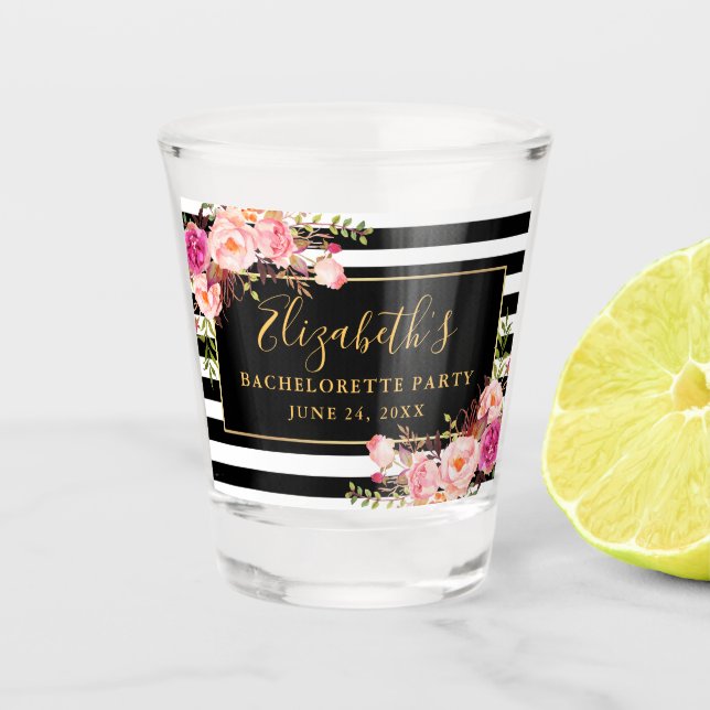 Verre A Shot Or rayé floral rose de partie de Bachelorette (Devant)