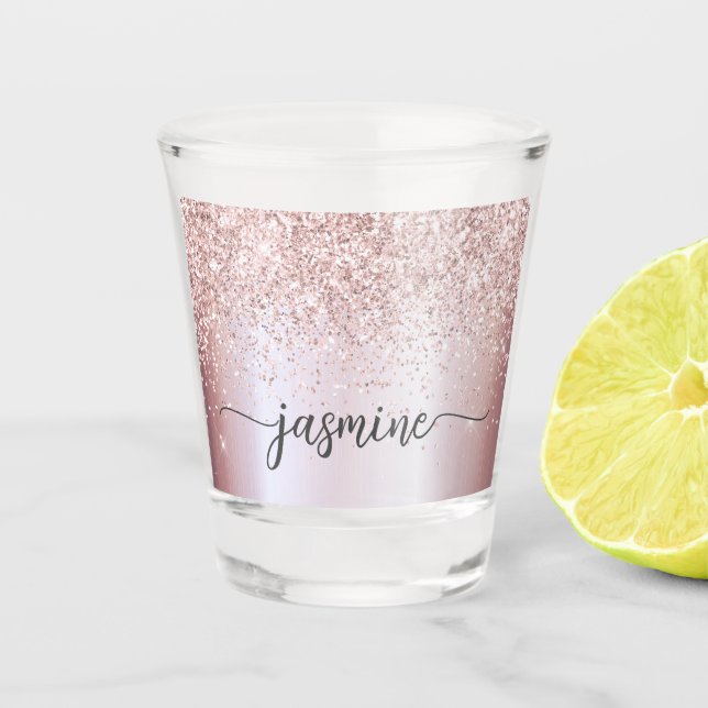 Verre A Shot Paillettes Or Rose Glam Script Nom Monogramme (Devant)