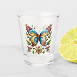 Verre A Shot Papillon en vitrail coloré avec fleurs