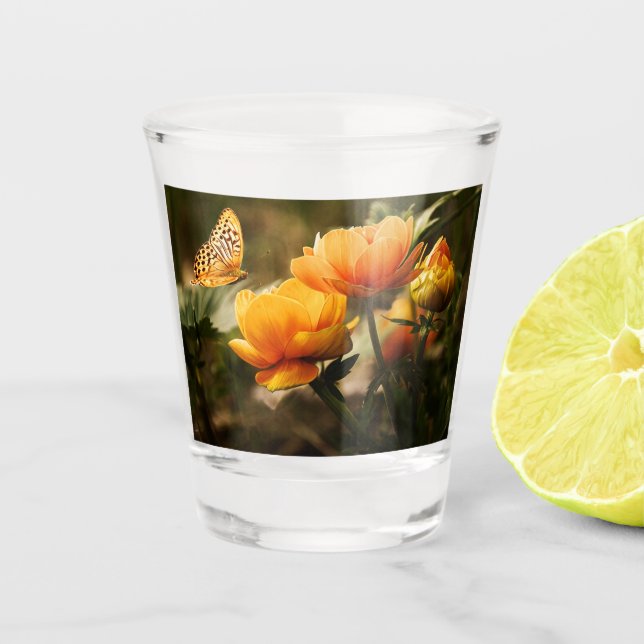 Verre A Shot Papillon orange et fleurs (Devant)