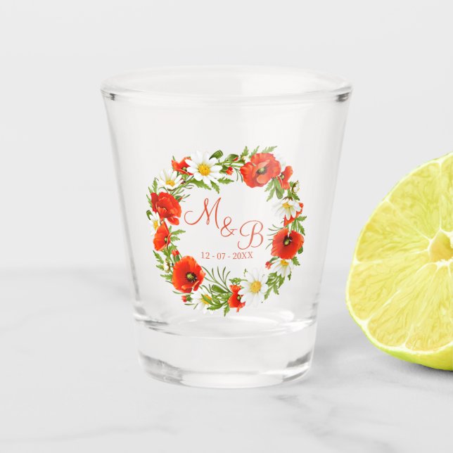 Verre A Shot Papillons rouges Marguerites jaunes blancs Fleur W (Devant)