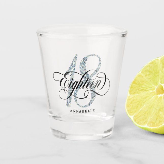 Verre A Shot Parties scintillant Argent Faux 18e anniversaire (Devant)