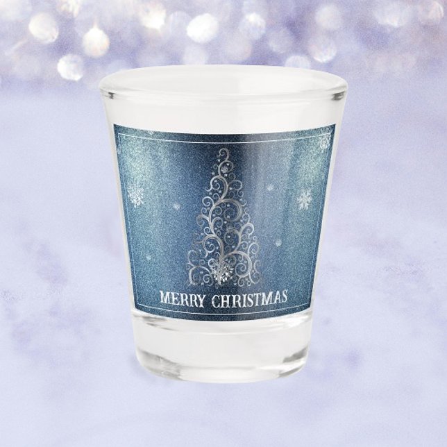Verre A Shot Parties scintillant d'arbre de Noël et flocons de  (Blue Christmas Tree Glitter and Snowflakes Shot Glass)
