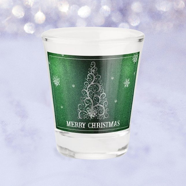 Verre A Shot Parties scintillant d'arbre de Noël et flocons de  (Green Christmas Tree Glitter and Snowflakes Shot Glass)