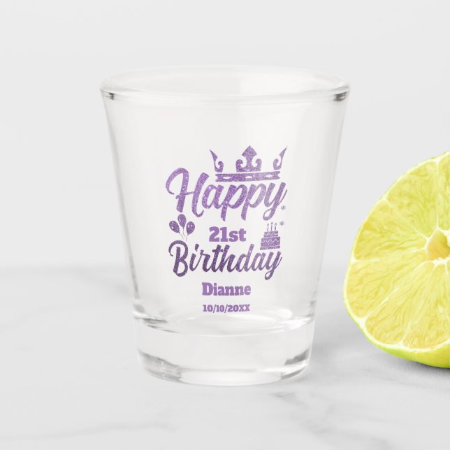 Verre A Shot Parties scintillant violette "Joyeux Anniversaire" (Devant)