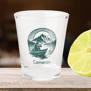 Verre A Shot Pêche dans un bateau sur un lac de montagne Teal S