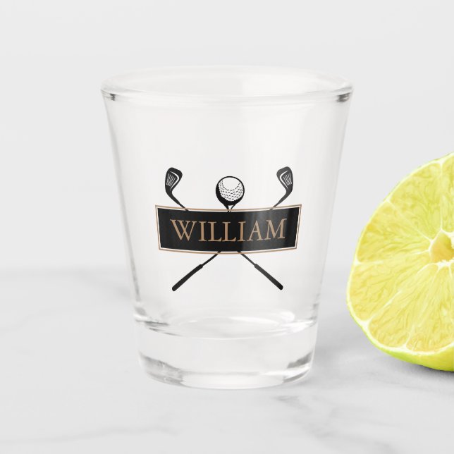 Verre A Shot Personalized Name Gold and Black Golf Clubs (Devant)