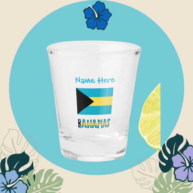 Verre A Shot Personnalisation bahaméenne du drapeau bleu (Shot glass with Bahaman flag and the word BAHAMAS  below. Add a name above.)