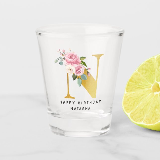 Verre A Shot Personnalisé Joyeux Anniversaire Floral Nom (Devant)