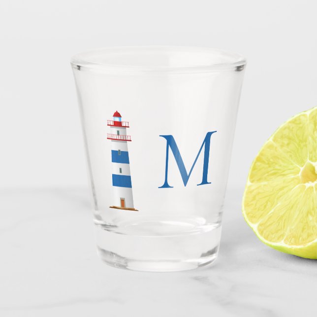 Verre A Shot Phare Nautique Rouge Blanc Bleu Monogramme (Devant)